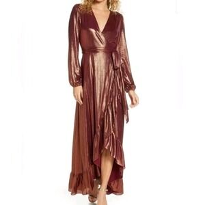 WAYF Meryl Long Sleeve Wrap High-Low Cocktail Dress Bronze XS